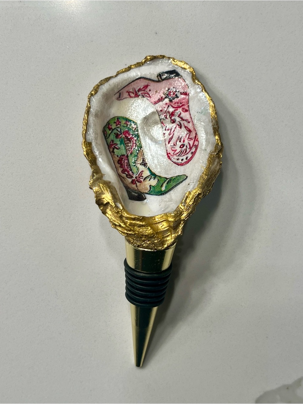 Decorative Gold Oyster Bottle Stopper with Pink & Green Boot Motif